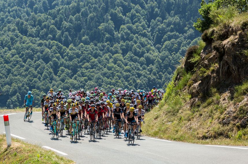 Col D'Aspin,France- July 15,2015: The peloton climbing the road to Col D'Aspin  in Pyrenees Mountains during the stage 11 of Le Tour de France 2015.