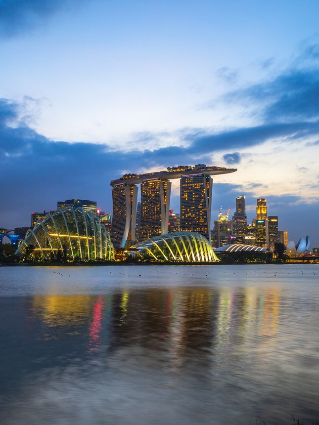 February 4, 2020: skyline of singapore at the marina bay with iconic building such as supertree, sands, and artscience museum. Marina bay is the new downtown of Singapore built on reclaimed land.