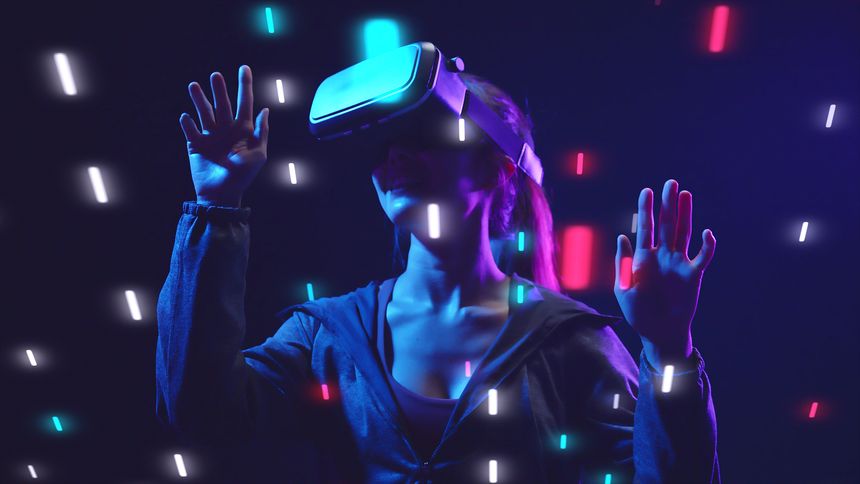 Metaverse education, teaching and learning in the metaverse, woman playing education game metaverse digital world futuristic cyberspace background