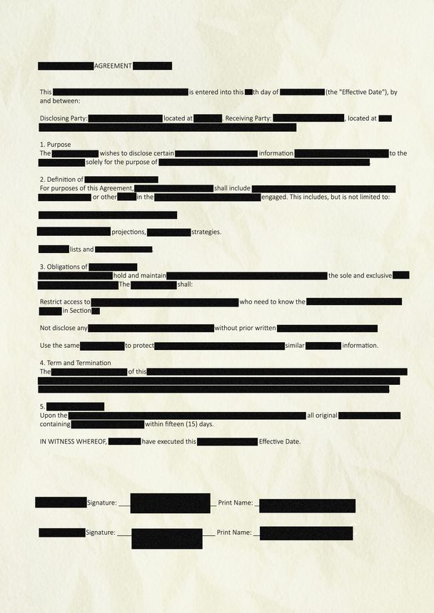 Redacted paper document showing black blocks covering text representing government censorship or classified information leaks