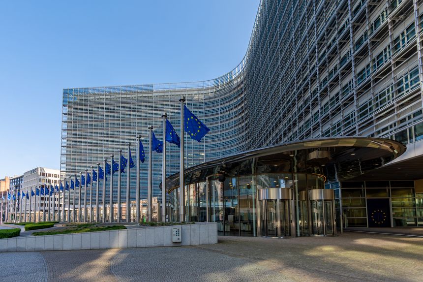 Brussels, Belgium - March 8, 2025: Entrance to the Berlaymont building, headquarters of the European Commission. The European Commission is one of the main institutions of the European Union (EU)
