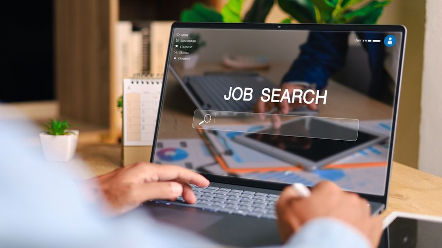 Job search concept. Man using laptop for job search concept. find your career, People searching for vacancies or position on the internet, recruiting, finding jobs.