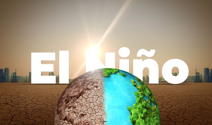 El Niño concept of weather phenomenon cause drought and Dry cracked soil. El Niño Concept of change climate. Climate pattern the unusual warming of surface water eastern tropical Pacific Ocean.