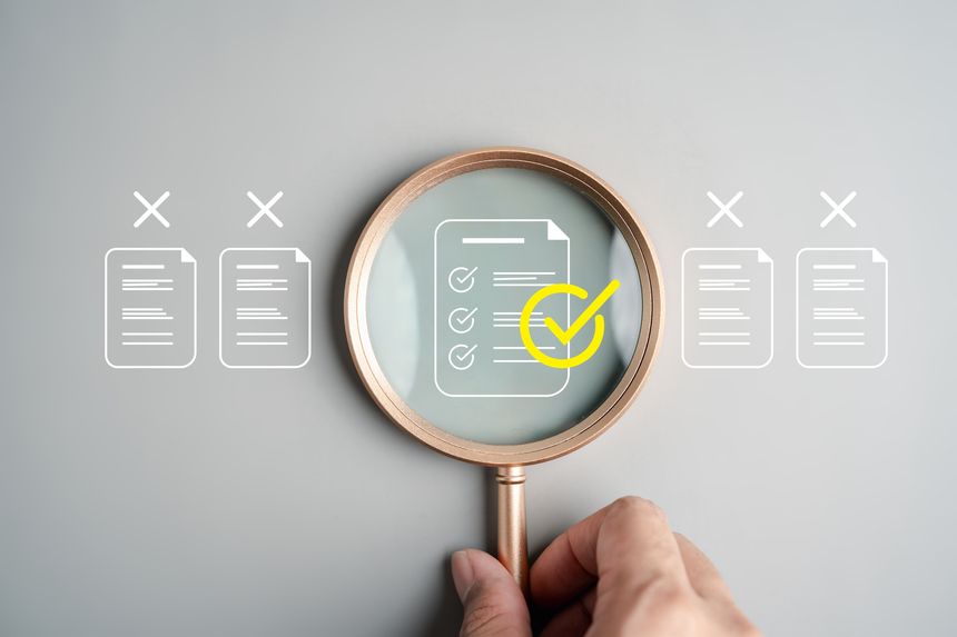 Audit system for document verification and compliance, showing checklist review, quality assurance, file inspection, internal control, and data validation in business processes.