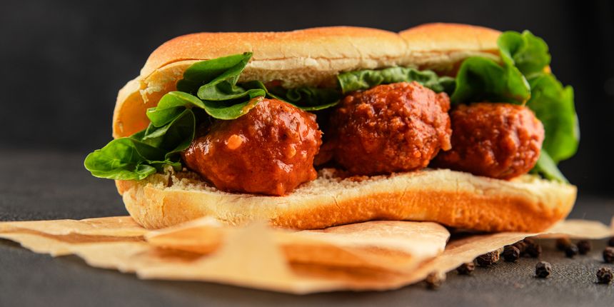 Meatball sandwich fast food meat dish fresh delicious gourmet food background on the table rustic food top view copy space