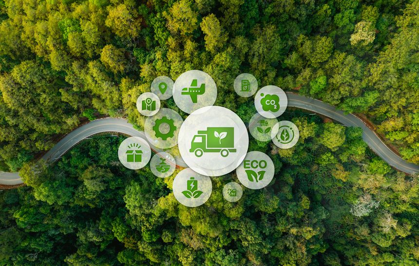 Green aerial view street with transport and nature icons