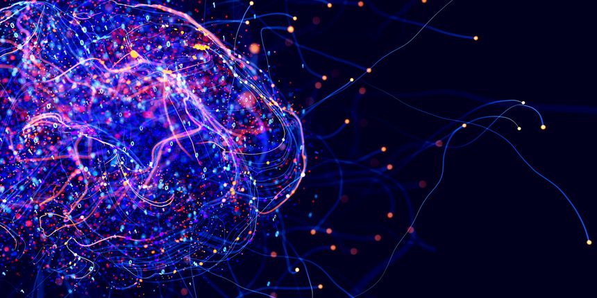 Neural network digital brain. Artificial intelligence concept. Futuristic cybernetic technology. Quantum AI structure. 3d render illustration.