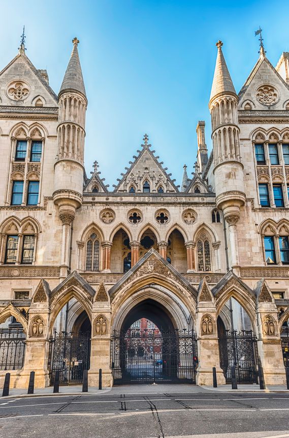 Main entrance of the Royal Courts of Justice on the Strand, London, England, UK