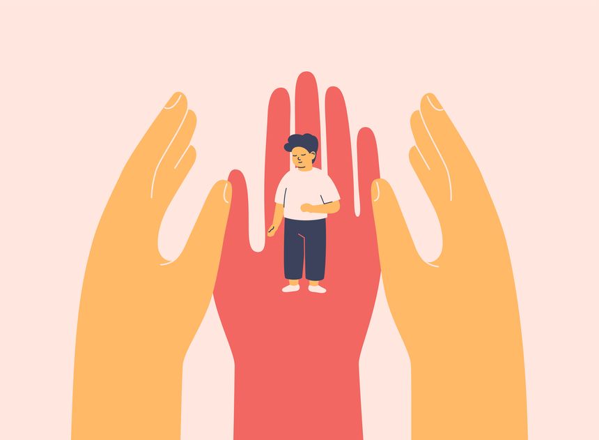 Three human hands surrounded small boy with kindness. Healthcare support and shield children's rights in society. Adults taking care about kids. Social protect, upbringing orphans. Vector