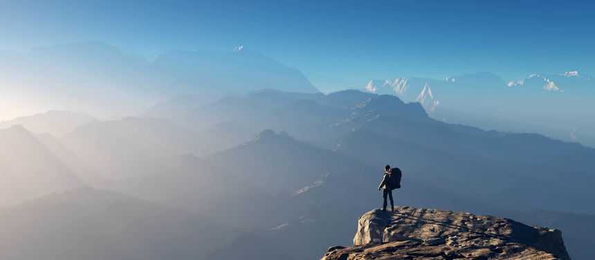 Hiker on top of a mountain. This is a 3d render illustration