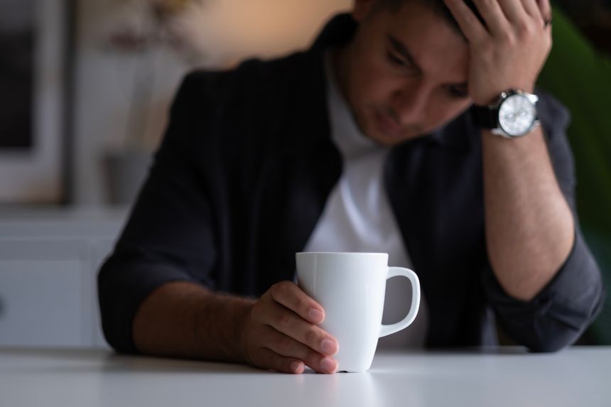 Disappointed young businessman with head in hand sitting with laptop and glasses at desk in office