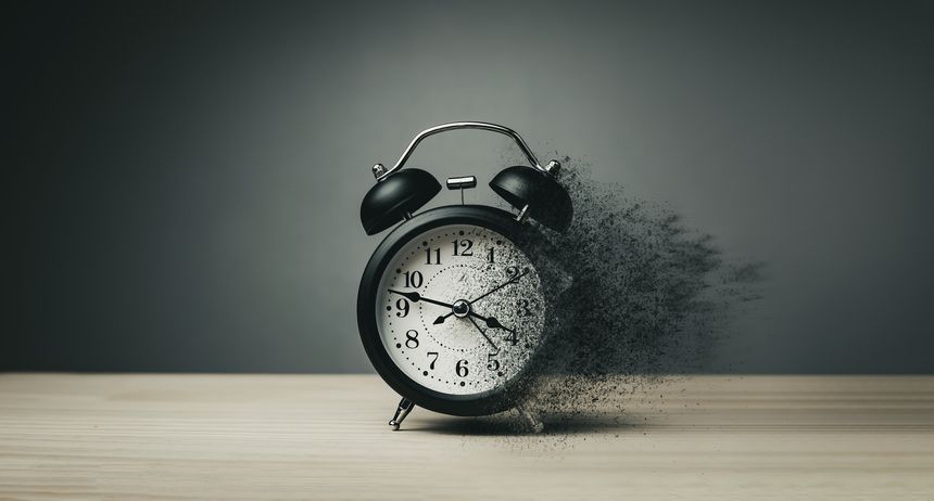 A black alarm clock dissolving on wooden table. Concept of effective time management and the importance of moments conveying time running out.