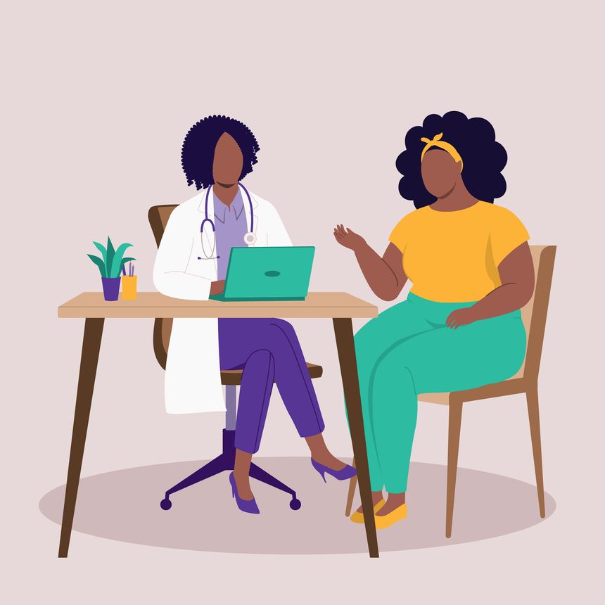 Black Female Doctor Listening To Her Overweight Patient At Office. Isolated On Color Background.
