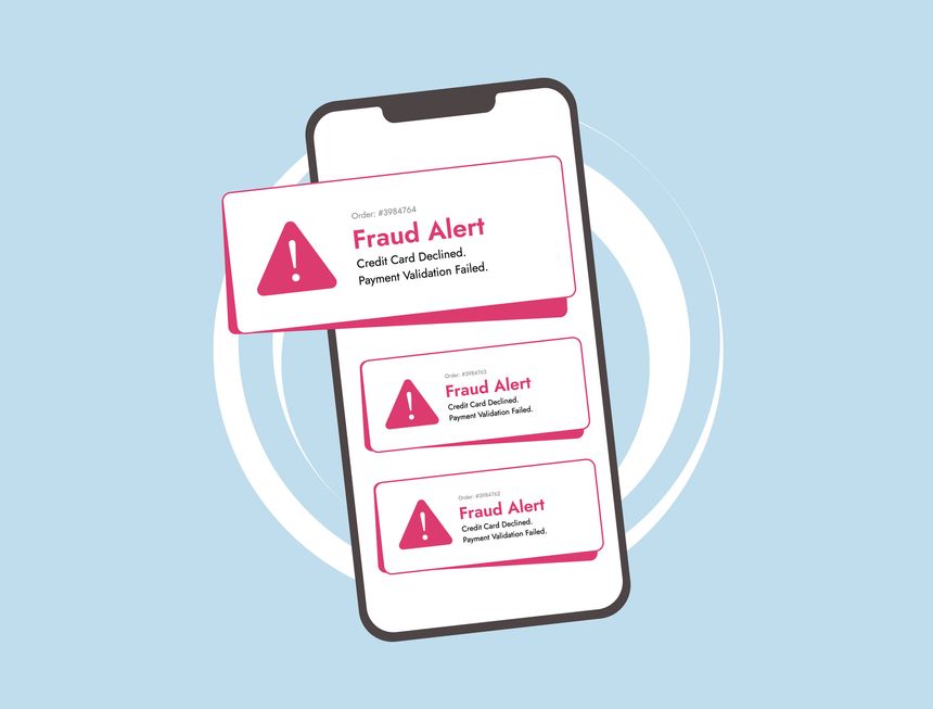 Mobile fraud alert with online shopping scam, fraudulent card payment, and hacker activity. Credit card declined notification warns users of security risks, fraud detection and identity theft threats.