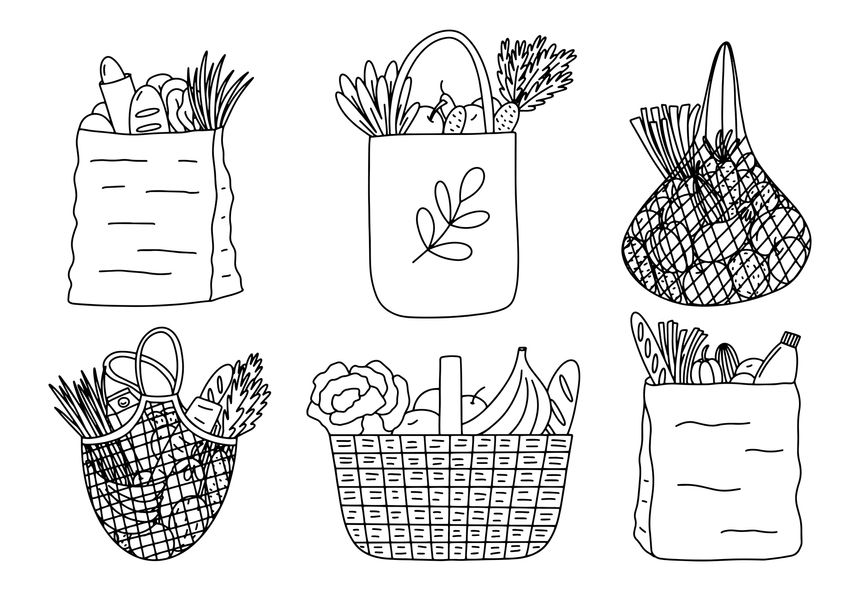 Shopping bags and baskets vector hand drawn sketch set. String bag, turtle bags, paper packaging hand drawn set