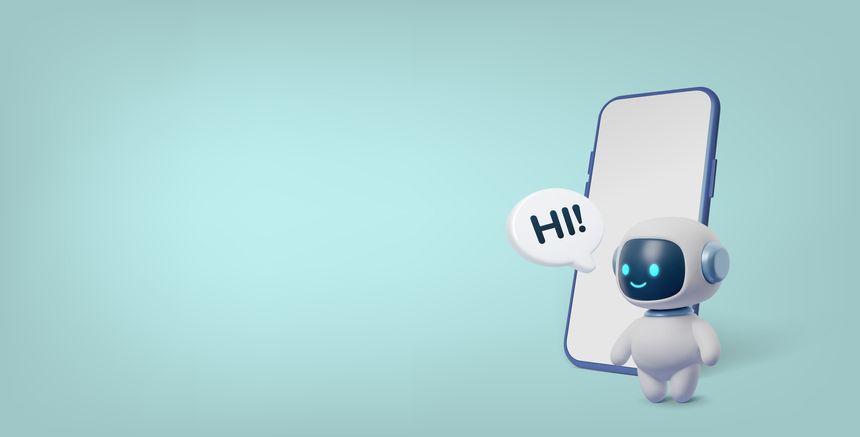 Cute 3D AI robot with a smartphone and Hi speech bubble. Friendly virtual assistant and chatbot concept for mobile apps, customer support, technology and digital communication