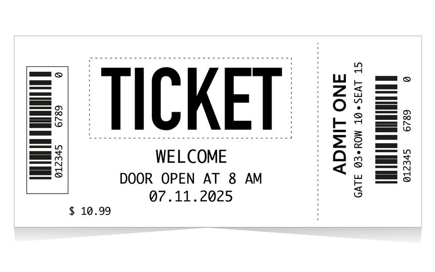 Ticket Illustration ticket concept, with black and white elements, admit one coupon mention, code and text elements for arts festival and events.