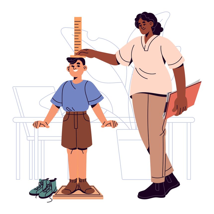 Pediatrician measures growth of boy. Medic examines, testing child in hospital. Pediatric doctor in uniform works with height meter. Children health care. Flat isolated vector illustration on white.