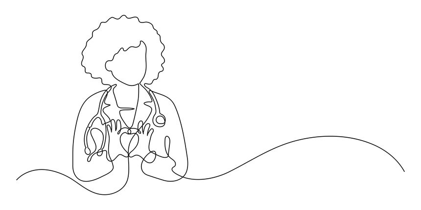 Female physician making finger heart. Continuous line drawing doctor.