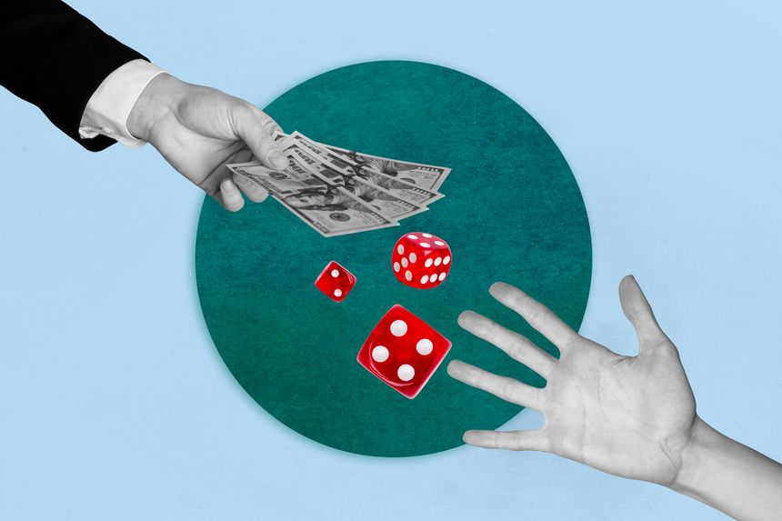Collage with colorful casino chips cards dices representing online gambling poker betting e-gaming entertainment.