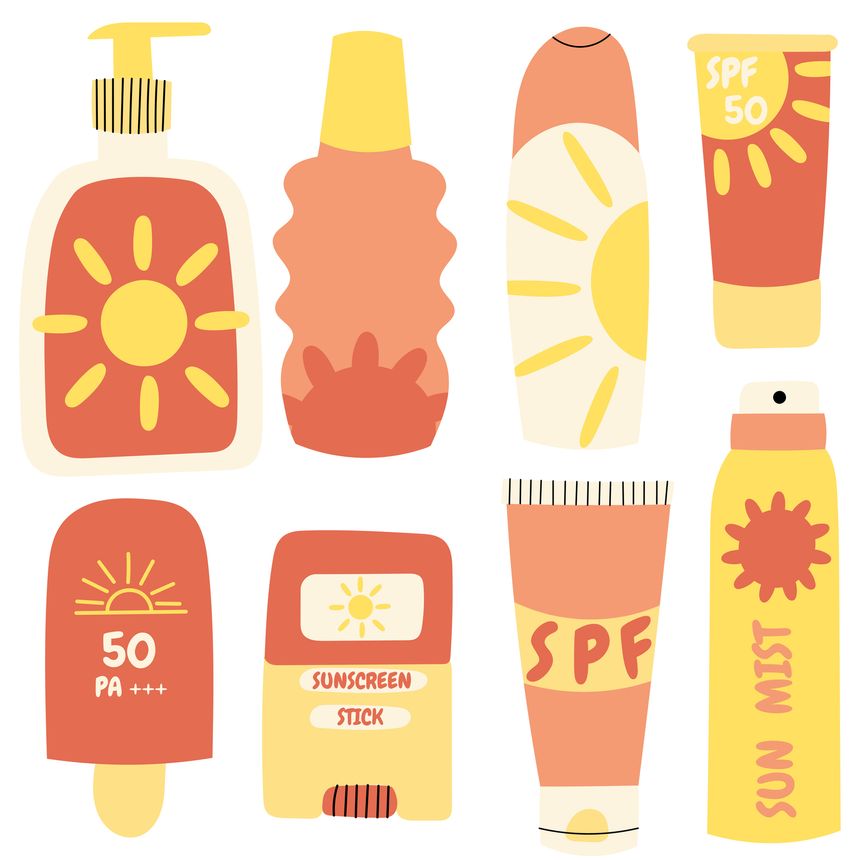 Set of sun protection skincare products.Illustration of SPF creams, lotions, sprays and sunscreen bottles. Concept of healthy skin, beach vacation, outdoor activities and sun safety.