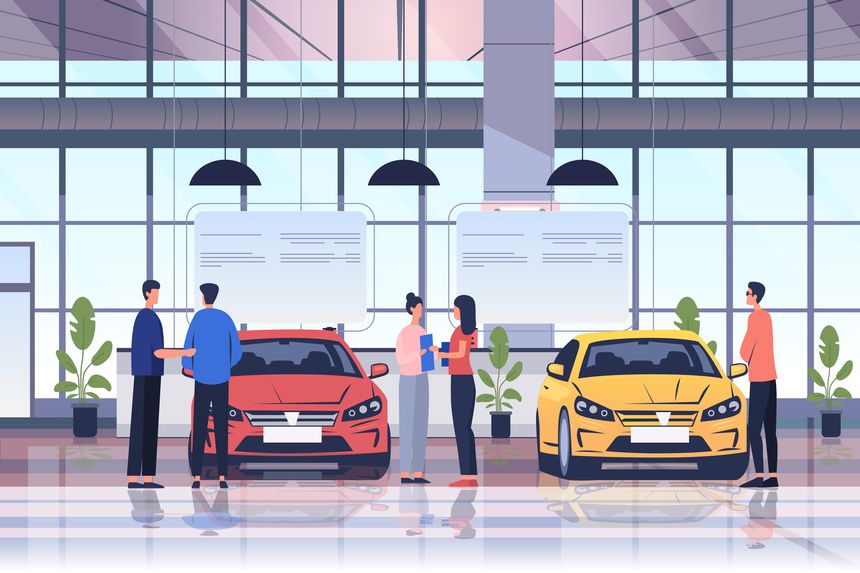 tourists select auto for rent people rents a car to move faster carsharing service concept recreation vacation adventure concept horizontal vector illustration