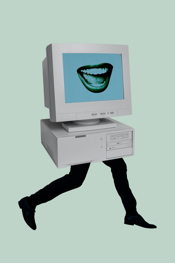 Banner 3d vertical pop artwork collage of anonym man instead head pc monitor mouth talk speech legs cyberbully brainwash.