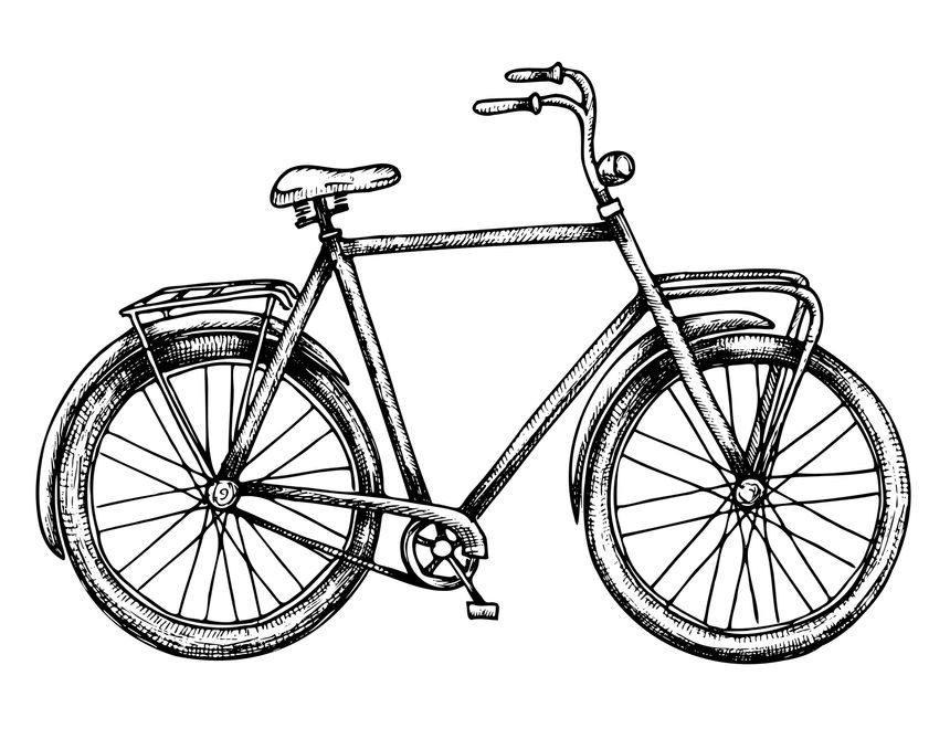 Road Bicycle. Vector hand drawn illustration of urban retro classic Bike on isolated white background painted by black inks in outline style. Drawing of city vintage cute transport with cycle wheels.