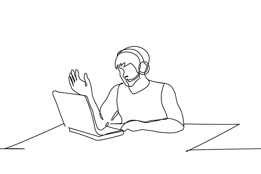 Customer support male operator in headset working on laptop and gesturing, one line art vector