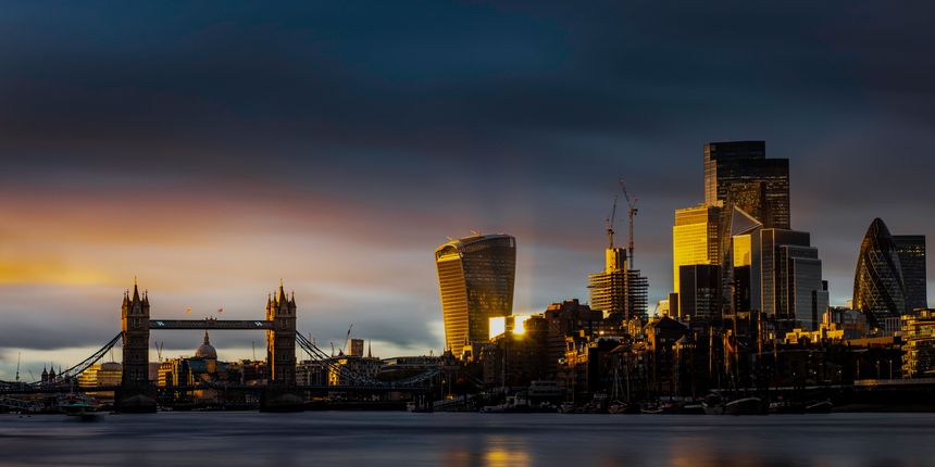 The London Skyline at dust showing St Paul’s Cathedral in the centre of Tower Bridge
