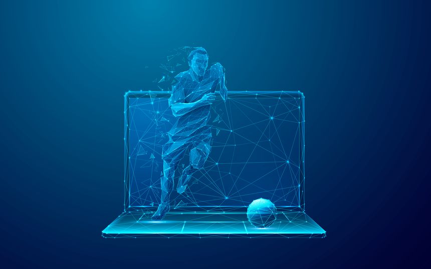 Abstract Soccer Player Runs Out of the Laptop Screen. Cybersport or Sports Betting futuristic concept. Digital Football Player on Mobile Computer in Low Poly Wireframe Style on Dark Blue Background.