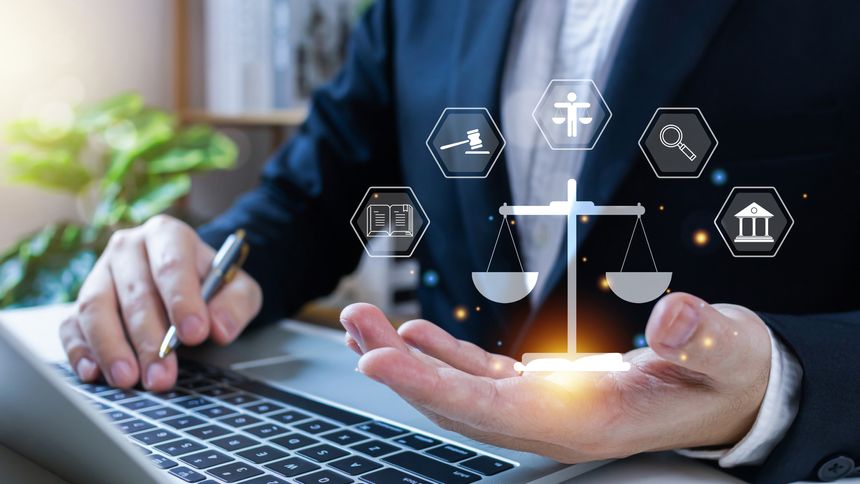 Legal advice business concept, businessman holding virtual global law icons on for business legal advice, Regulations and laws, Labor law, Lawyer, Attorney at law, Advice on digital technology and business.