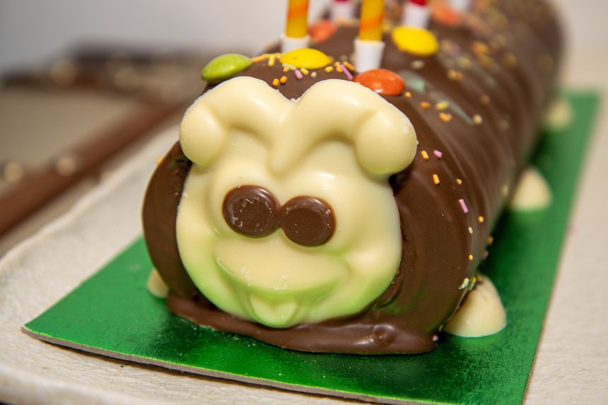 A children's birthday cake in the shape of a caterpillar covered in chocolate