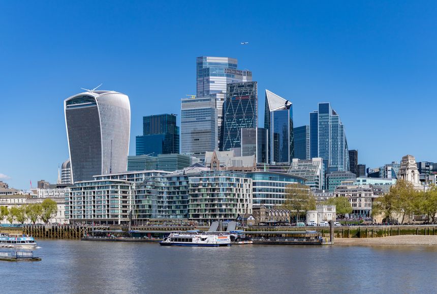 A picture of the City of London financial center seen across the river Thames.