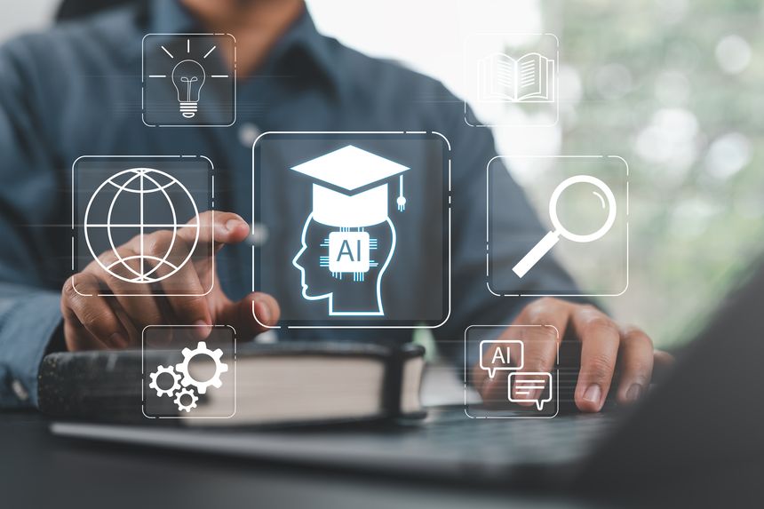 AI Education Technology Concept. Person Using Laptop to Learn Artificial Intelligence Skills, Smart Training and Digital Knowledge Online Learning Platforms for Future Career Development.