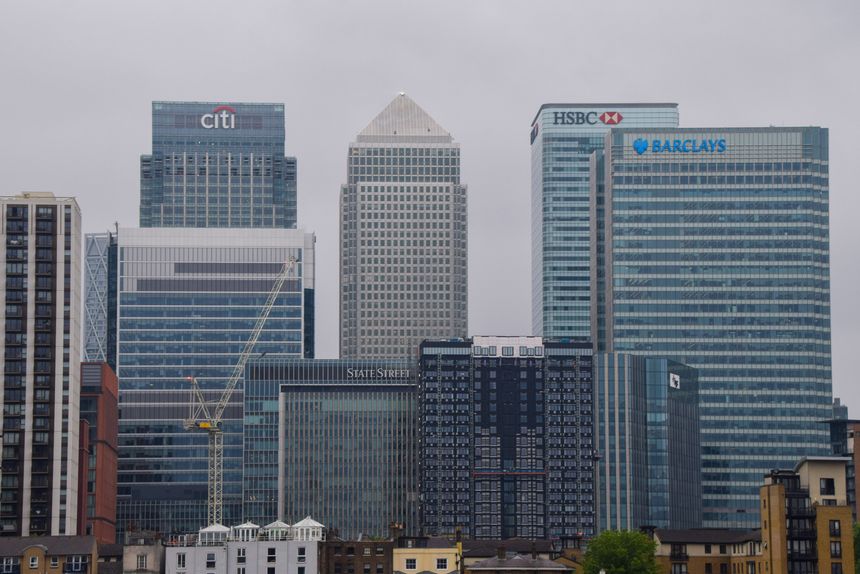 London, UK - May 21 2024: daytime view of corporate skyscrapers, banking headquarters and offices in Canary Wharf
