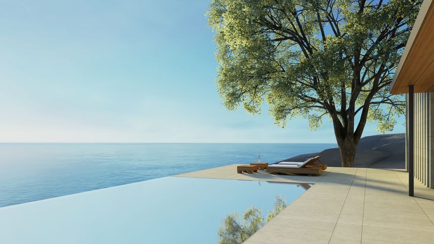 Modern Lounge chair on terrace - ocean sea view - 3D rendering