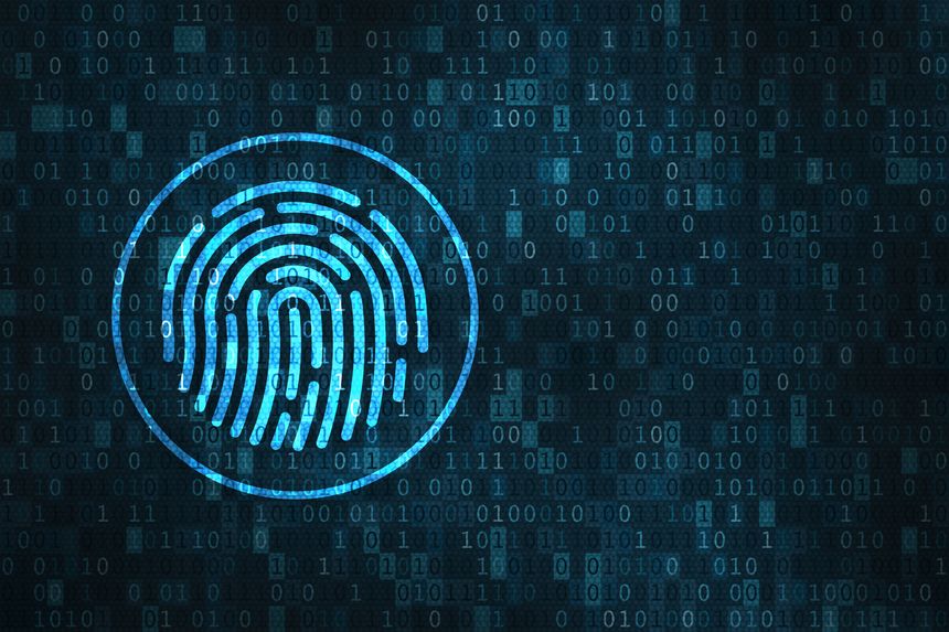 Digital fingerprint security concept with icon of finger scan over binary digits background