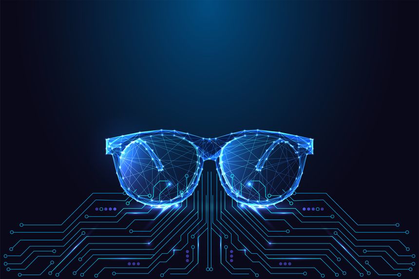 Glowing wireframe glasses above a circuit board on dark blue background. Concept of wearable technology, augmented reality, AI vision, and digital lifestyle. Futuristic vector illustration.