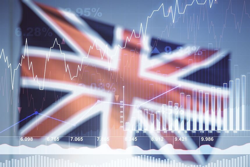 Multi exposure of virtual creative financial chart hologram on British flag and blue sky background, research and analytics concept