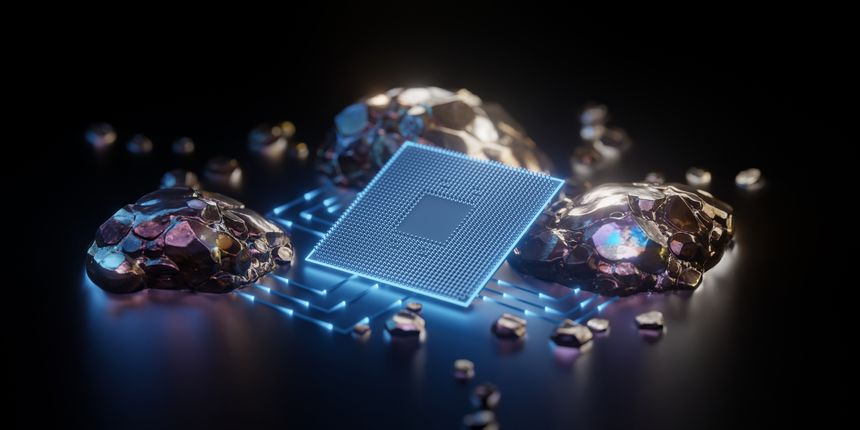 Glowing 3D render CPU surrounded by raw rare earth minerals. Symbolizes technology, innovation, digital future, critical materials, sustainability, global supply chain. Science, industry, resources
