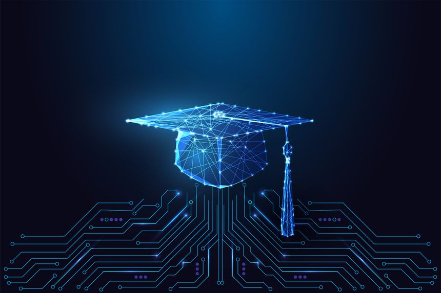 Online education and smart learning concept with glowing polygonal graduation cap connected to circuit board on dark blue background. Futuristic low poly style, abstract vector illustration.