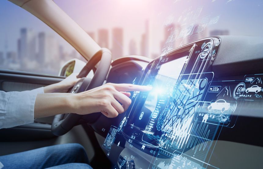 futuristic vehicle and graphical user interface(GUI). intelligent car. connected car. Internet of Things. Heads up display(HUD).