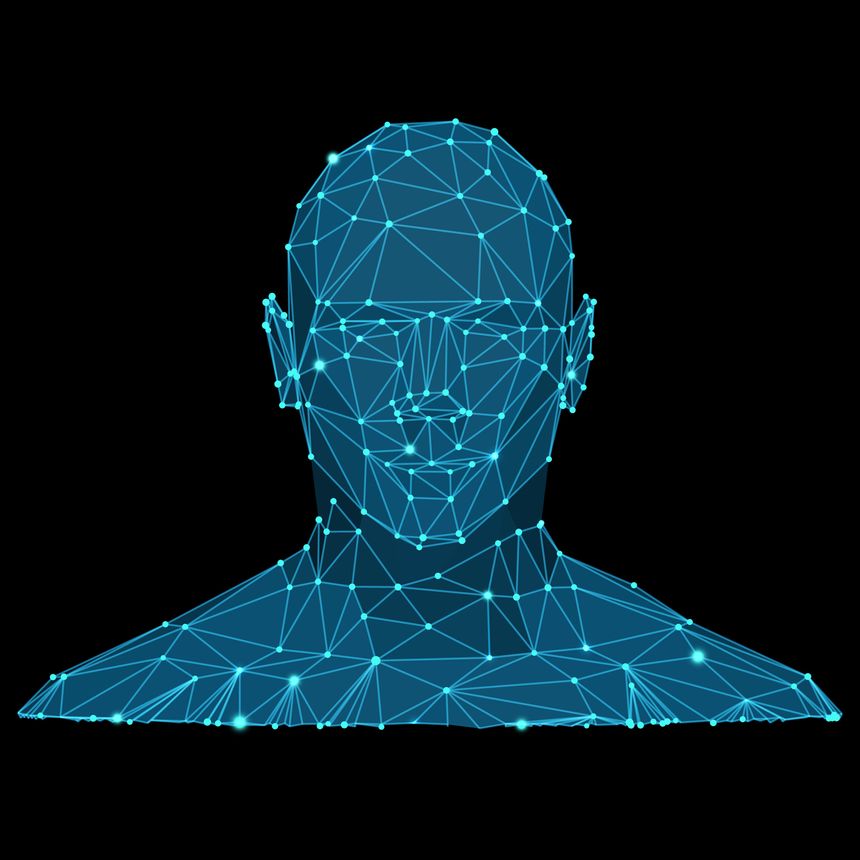 Vector polygonal wireframe. Biometric technology digital face scanning. Facial recognition system. Face ID. Identification of a person, blue outline front view. Cyber security verification