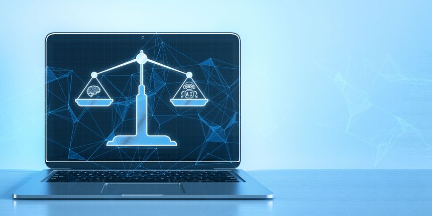Concept of AI law, artificial intelligence regulations in glowing low polygonal style with brain and scale symbol on dark blue background. Laptop on desk with hologram and mock up place. 3D Rendering