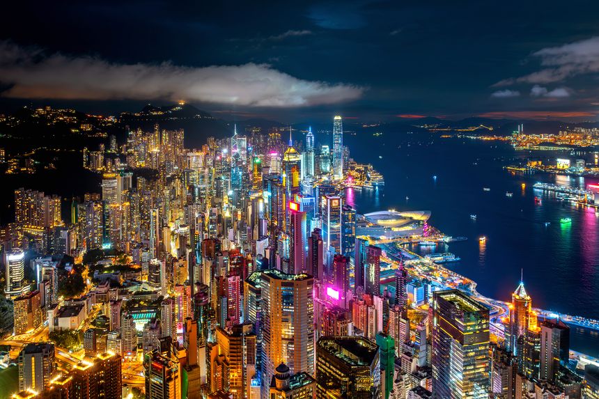 Aerial shots of Hong Kong city at night.