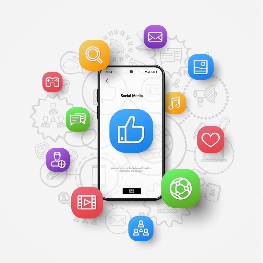 Social media network connection, digital market communication, online business concept. Realistic smartphone mockup, 3d icons flying over screen on hand drawn sketch, doodle design background. Vector