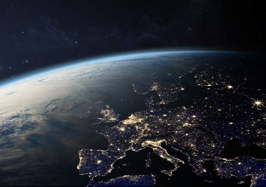 Planet Earth from the space at night. Europe at night viewed from space with city lights in Germany, France, Spain, Italy, Portugal, United Kingdom, Ireland, Greece, Turkey, Denmark, Austria, UK and other countries. Elements of this image furnished by NASA. ______ Url(s):