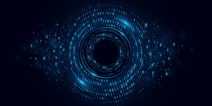 Dynamic ring of binary code with high speed data transmission and digital HUD circle in cyberspace. Global communication networks and big data visualization. Vector illustration.