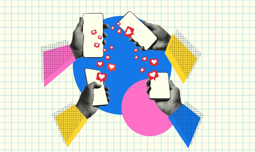 Trendy collage halftone social network. Concept of digital marketing, influence feedback n public or personal internet network. Modern retro vector illustration mixed media.